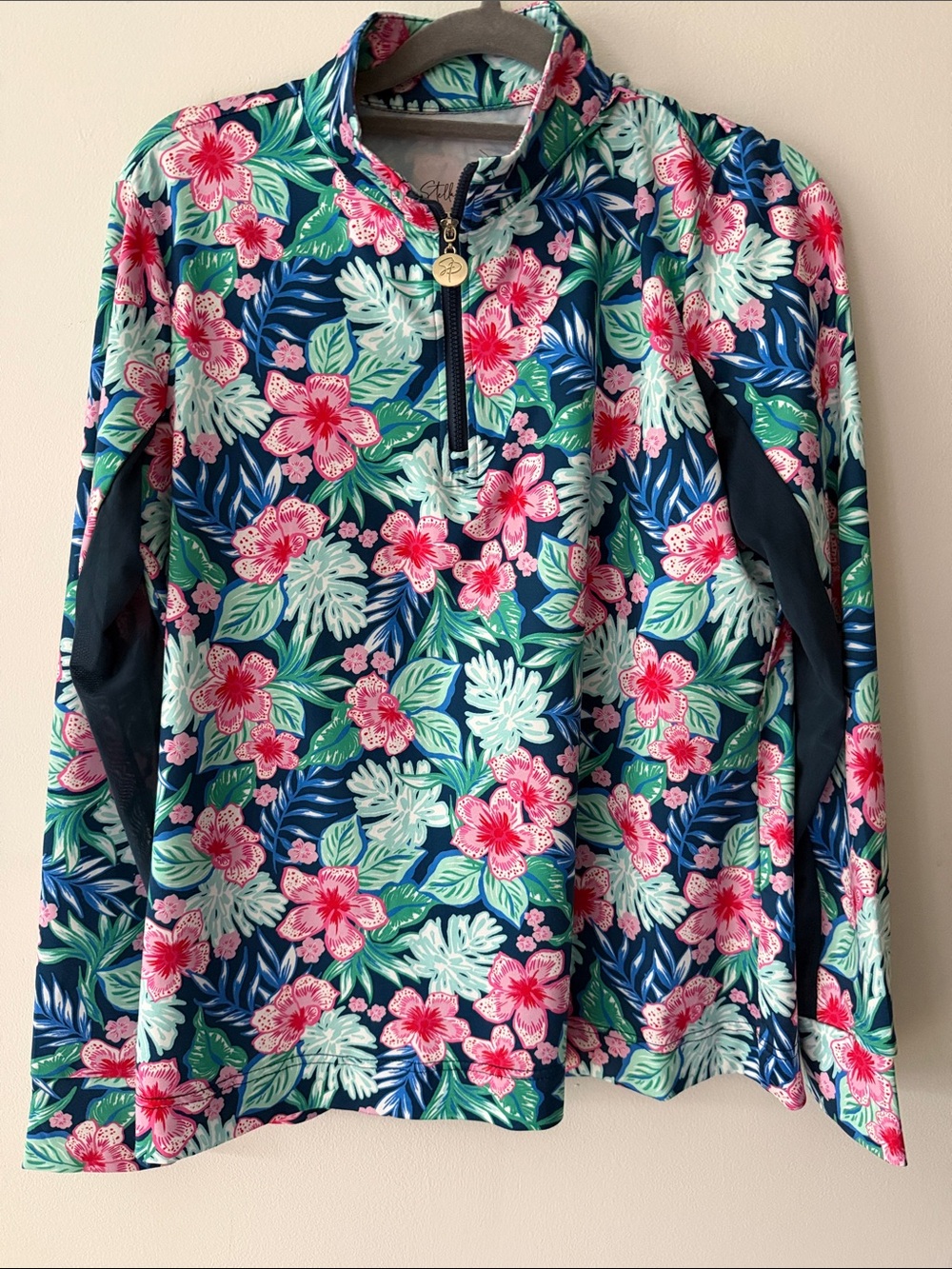 Floral Half-Zip Long Sleeve Tee - Pink Tropical Print